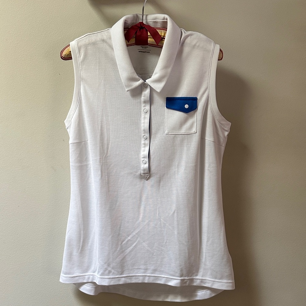 Adidas White Sleeveless Golf Polo with Blue Pocket